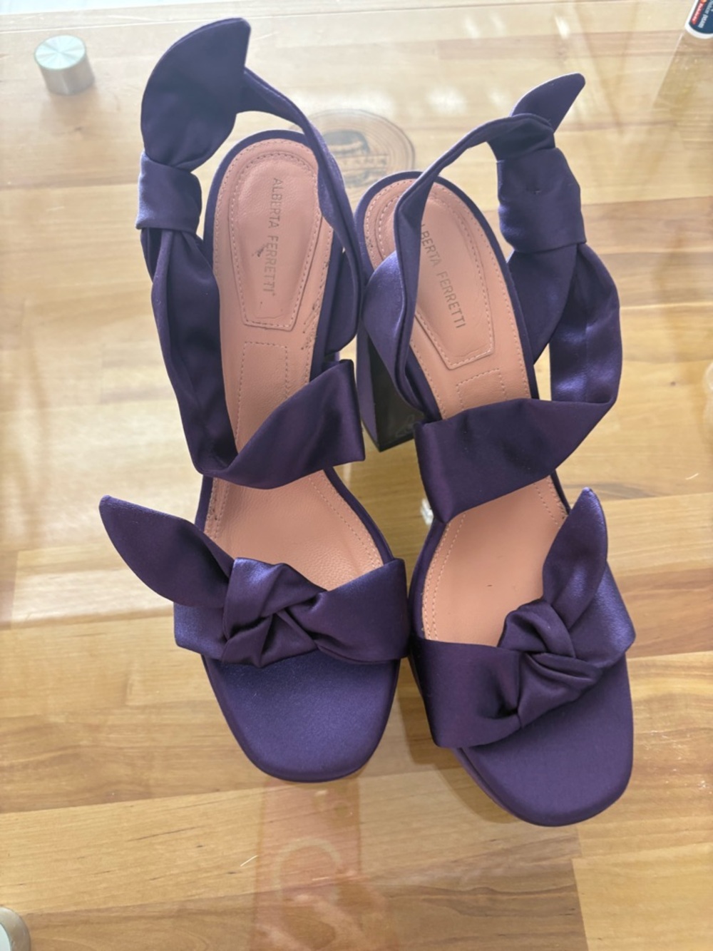Alberta Ferretti Deep Purple Satin Knotted Slingback Heels